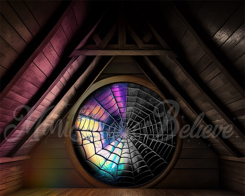 Kate Spooky Halloween Attic Dorm Room Colorful Spiderweb Window Fleece Backdrop Designed by Mini MakeBelieve