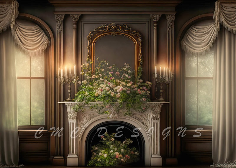 Kate Retro Wall Spring Warm Victorian Manor Castle Stage Window Fireplace Fleece Backdrop Designed by Candice Compton