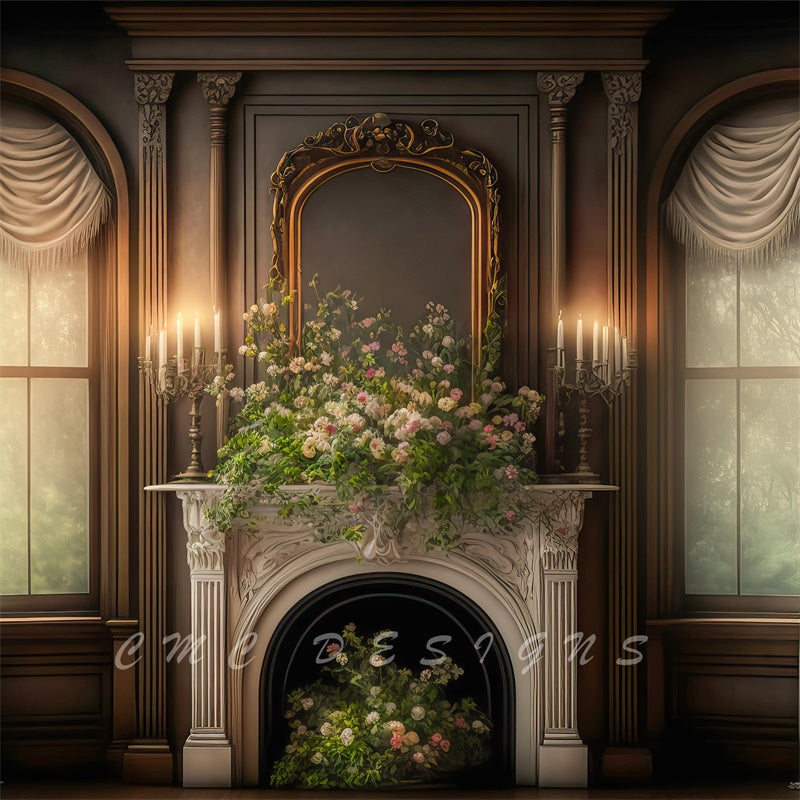 Kate Retro Wall Spring Warm Victorian Manor Castle Stage Window Fireplace Fleece Backdrop Designed by Candice Compton