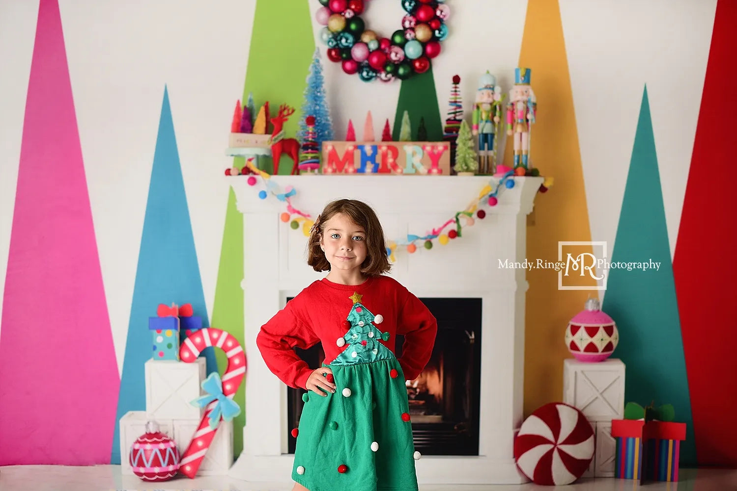 Kate Merry and Bright Christmas Fireplace Backdrop Designed by Mandy Ringe Photography