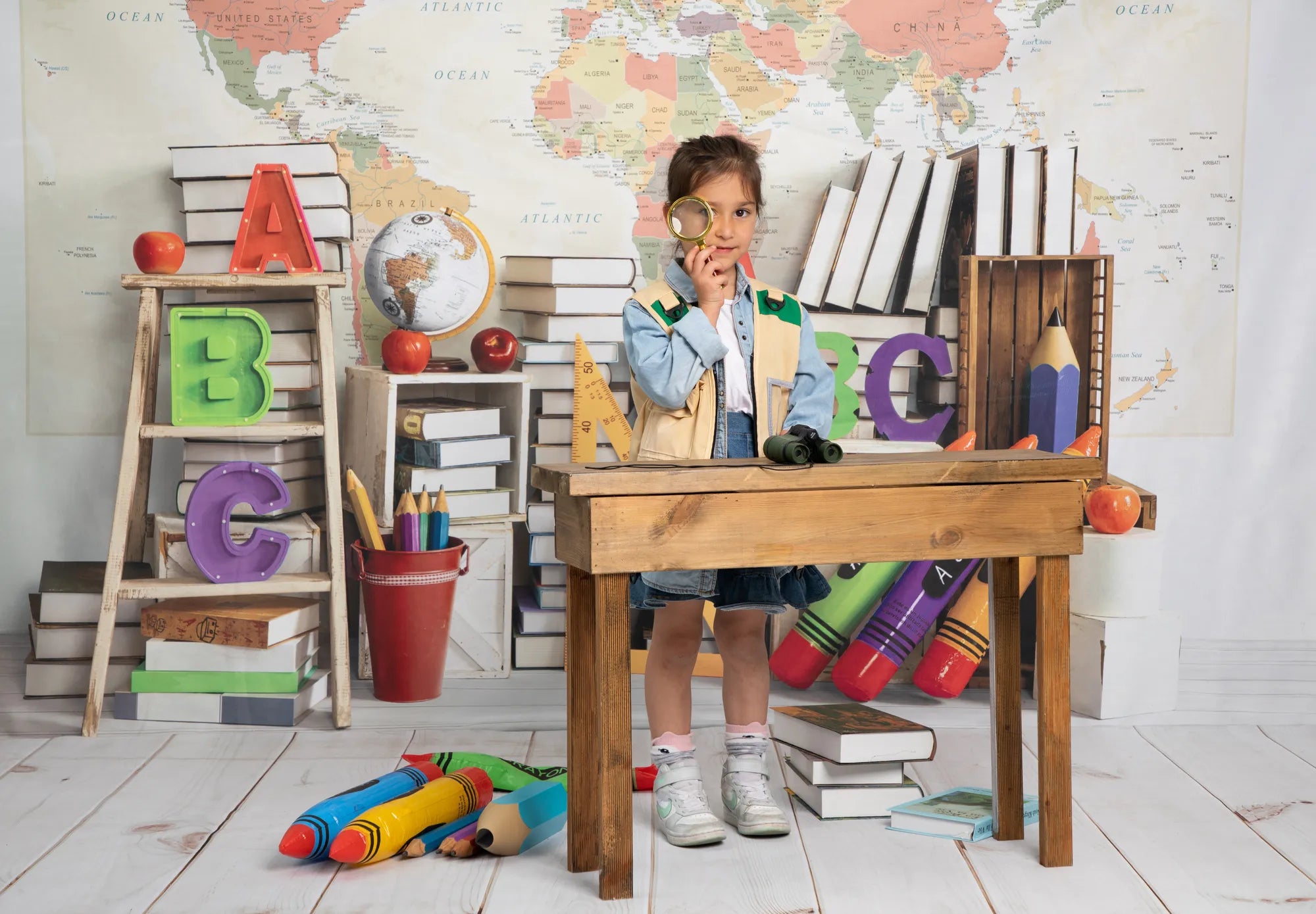 RTS Kate Back to School World Map Book Shelf Backdrop Designed by Emetselch