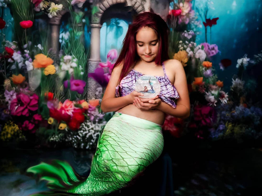 Kate Painterly Fine Art Underwater Enchanted Majestic Mermaid Castle with Floral Backdrop Designed by Mini MakeBelieve