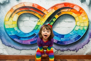 Arcoíris infinito del espectro del autismo pictórico Aceptación en el fondo de pared blanca de ladrillo diseñado por Mini MakeBelieve