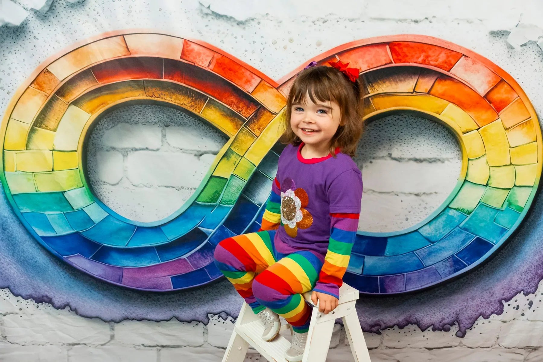 Kate Painterly Autism Acceptance Rainbow Infinity Spectrum on White Brick Wall Backdrop Designed by Mini MakeBelieve