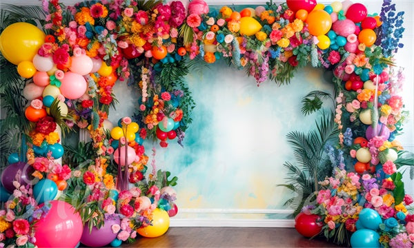 RTS Kate Painterly Fine Art Fun Tropical Flower Balloon Arch Watercolor Wall Backdrop Designed by Mini MakeBelieve