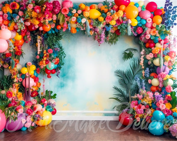 RTS Kate Painterly Fine Art Fun Tropical Flower Balloon Arch Watercolor Wall Backdrop Designed by Mini MakeBelieve