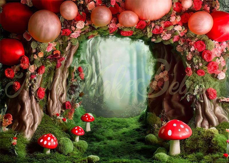 RTS Kate Mushroom Forest with Scattered Balloons Backdrop Designed by Mini MakeBelieve