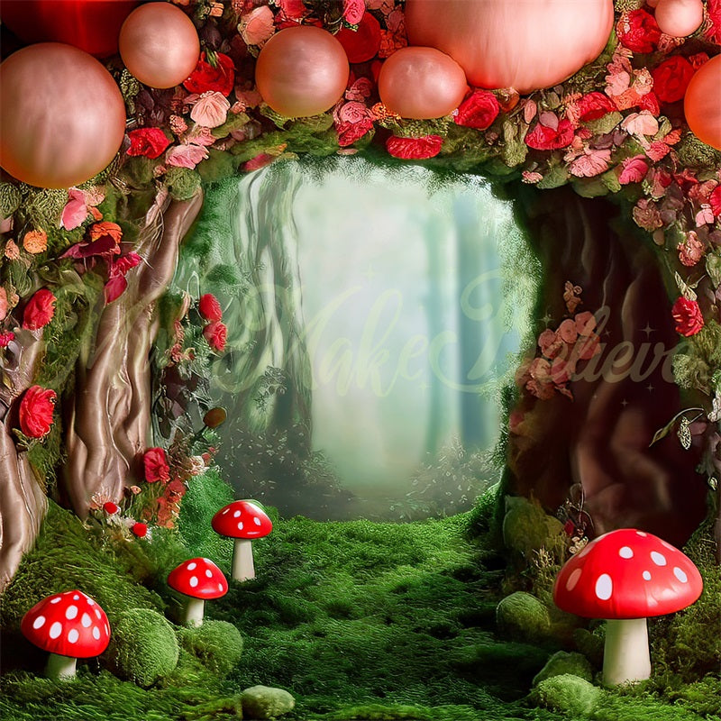 RTS Kate Mushroom Forest with Scattered Balloons Backdrop Designed by Mini MakeBelieve