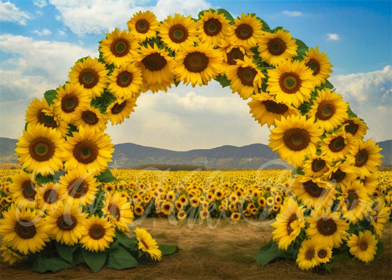 Kate Painterly Sunflower Field Arch with Ground Backdrop Designed by Mini MakeBelieve