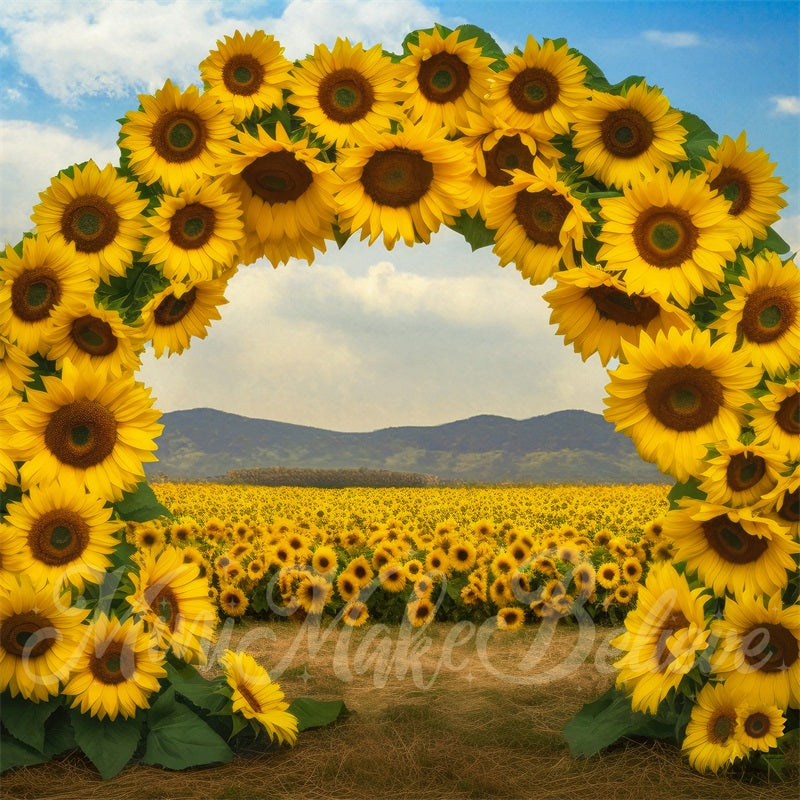 Kate Painterly Sunflower Field Arch with Ground Backdrop Designed by Mini MakeBelieve