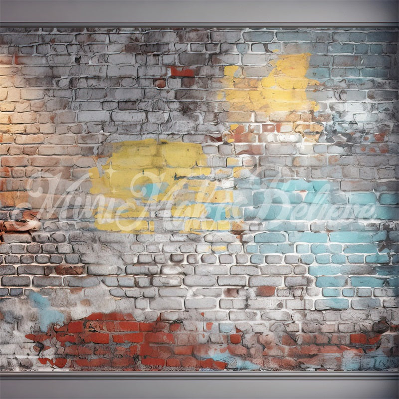 Kate Painterly Blue and Yellow Brick Wall Boy Cakesmash Birthday Backdrop Designed by Mini MakeBelieve