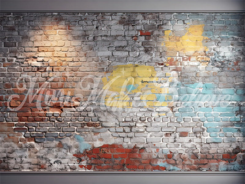 Kate Painterly Blue and Yellow Brick Wall Boy Cakesmash Birthday Backdrop Designed by Mini MakeBelieve