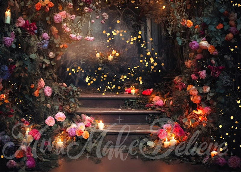 Kate Fine Art Forest Floral Fairy Lights on Stairs Backdrop Designed by Mini MakeBelieve