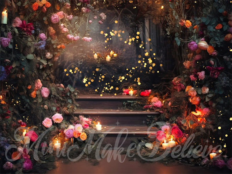 Kate Fine Art Forest Floral Fairy Lights on Stairs Backdrop Designed by Mini MakeBelieve