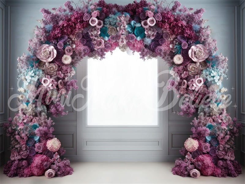 Kate Fine Art Light Interior with Pink Blue Purple Flower Arch Backdrop Designed by Mini MakeBelieve