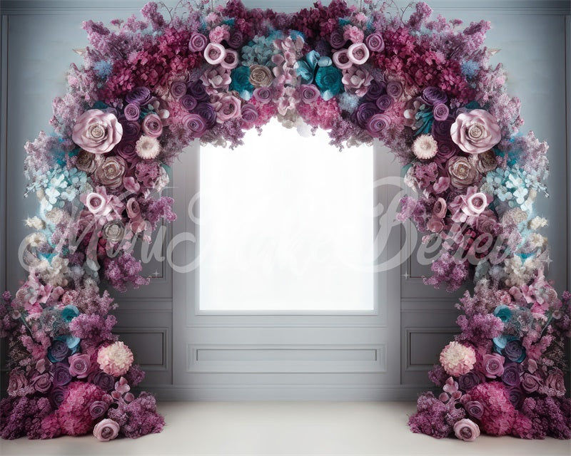 Kate Fine Art Light Interior with Pink Blue Purple Flower Arch Backdrop Designed by Mini MakeBelieve