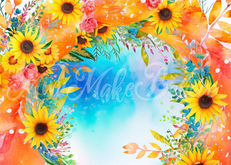 Kate Watercolor Painted Floral Blue Sky and Sunflowers Backdrop Designed by Mini MakeBelieve