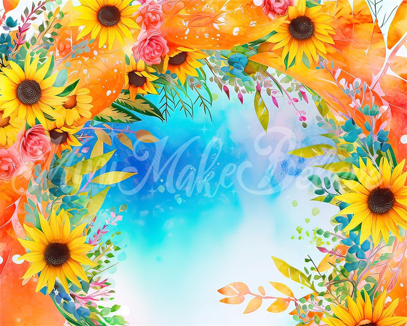 Kate Watercolor Painted Floral Blue Sky and Sunflowers Backdrop Designed by Mini MakeBelieve