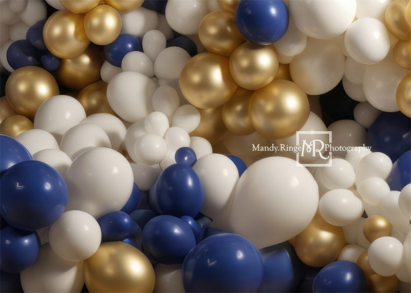 Kate Blue Gold White Balloon Wall Birthday Backdrop Designed by Mandy Ringe Photography