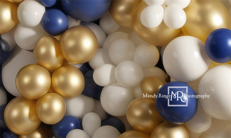 Kate Blue Gold White Balloon Wall Birthday Backdrop Designed by Mandy Ringe Photography