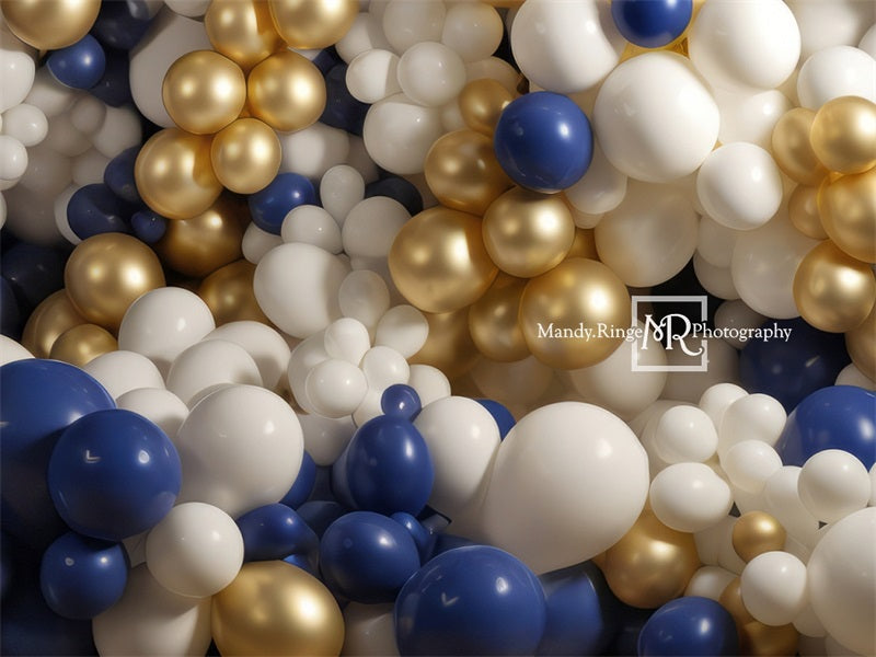 RTS Kate Blue Gold White Balloon Wall Birthday Backdrop Designed by Mandy Ringe Photography
