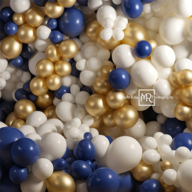 RTS Kate Blue Gold White Balloon Wall Birthday Backdrop Designed by Mandy Ringe Photography