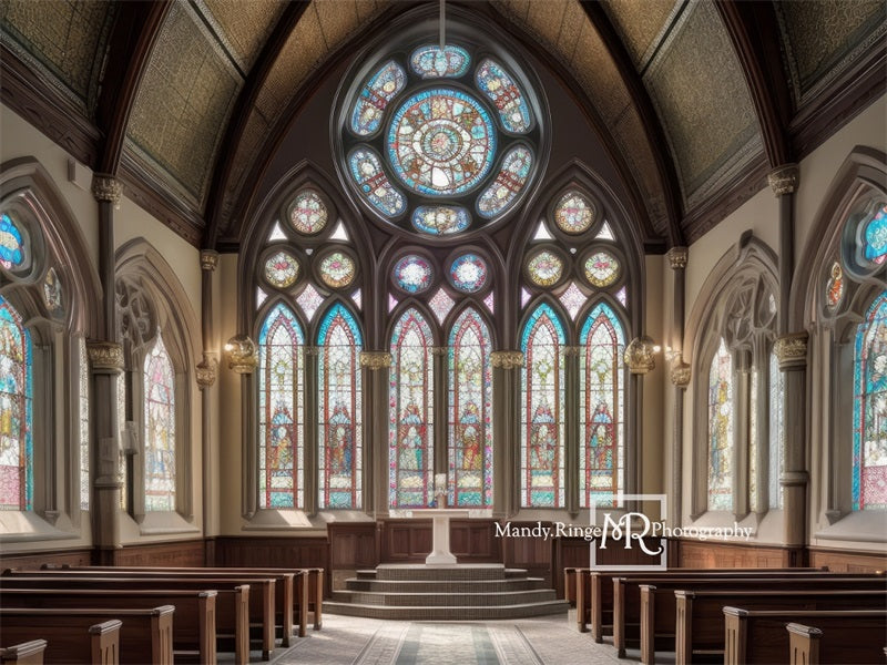 Kate Church Interior with Stained Glass Windows Wedding Backdrop Designed by Mandy Ringe Photography
