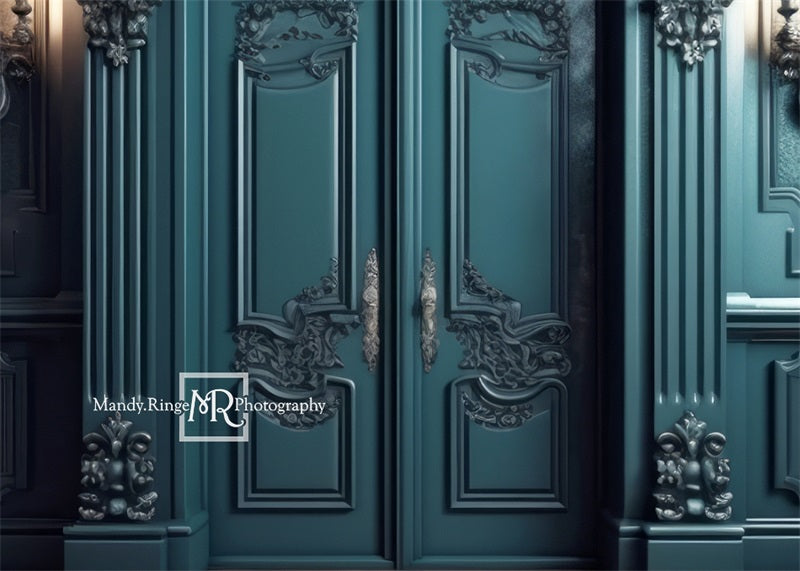 Kate Dark Teal Ornate Victorian Wall and Door Retro Backdrop Designed by Mandy Ringe Photography