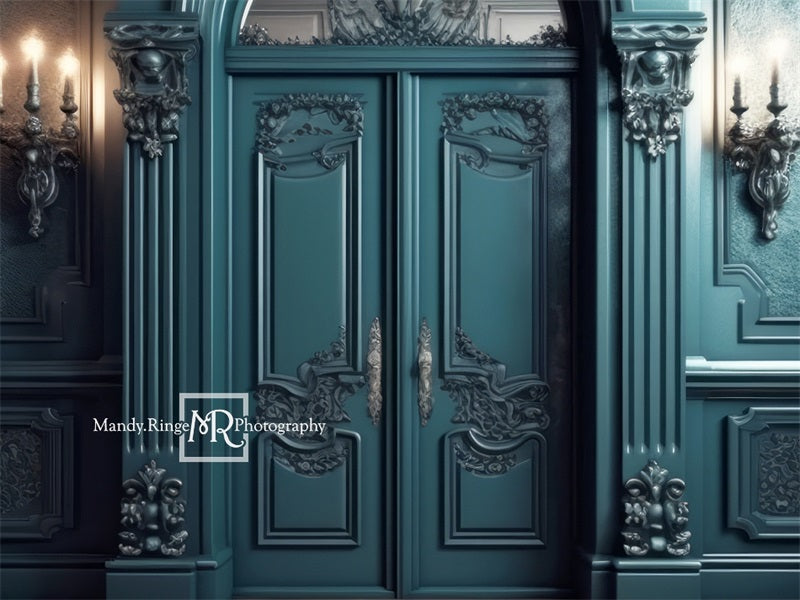Kate Dark Teal Ornate Victorian Wall and Door Retro Backdrop Designed by Mandy Ringe Photography