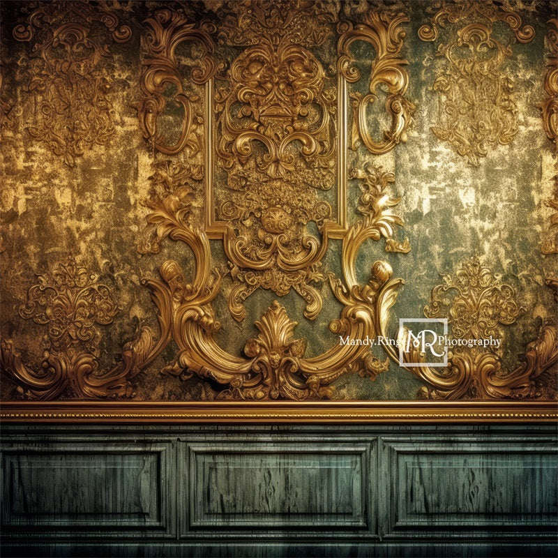 Kate Elaborate Gilded Gold and Teal Wall Backdrop Designed by Mandy Ringe Photography