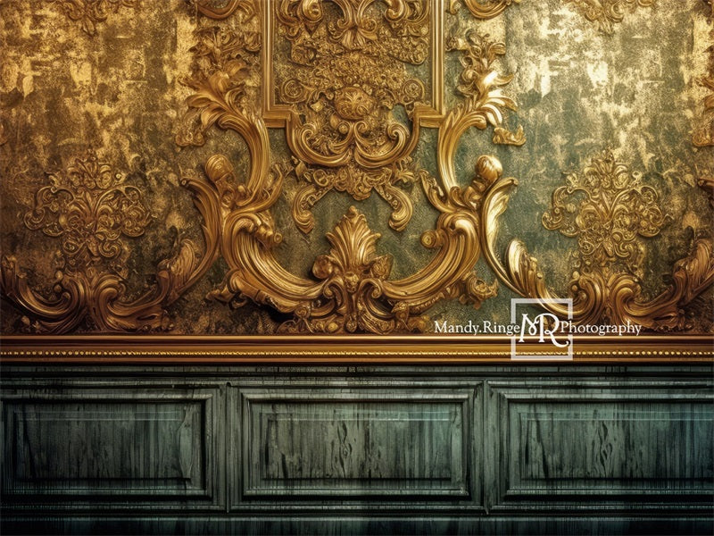 Kate Elaborate Gilded Gold and Teal Wall Backdrop Designed by Mandy Ringe Photography