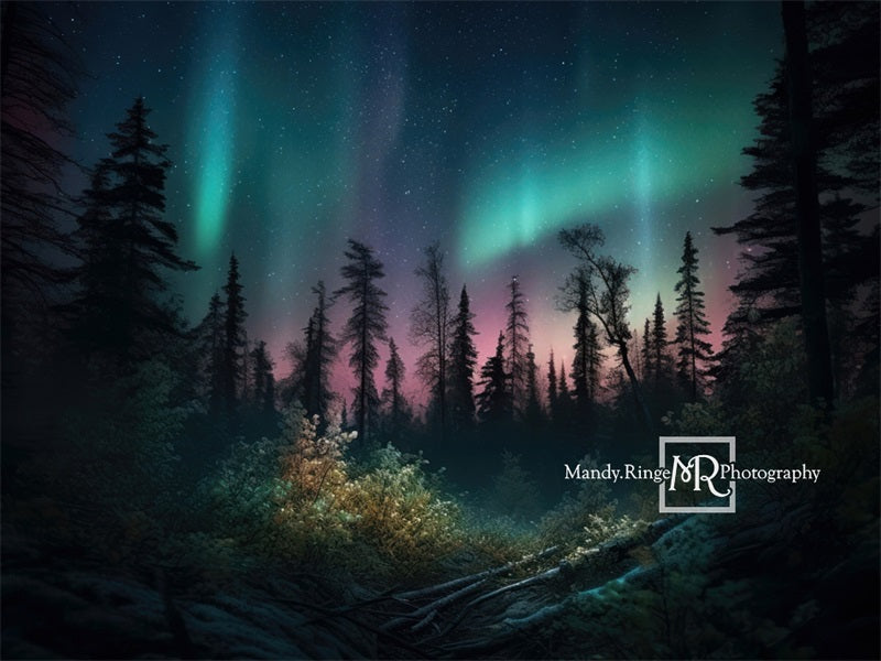 Kate Forest with Colorful Northern Lights Backdrop Designed by Mandy Ringe Photography