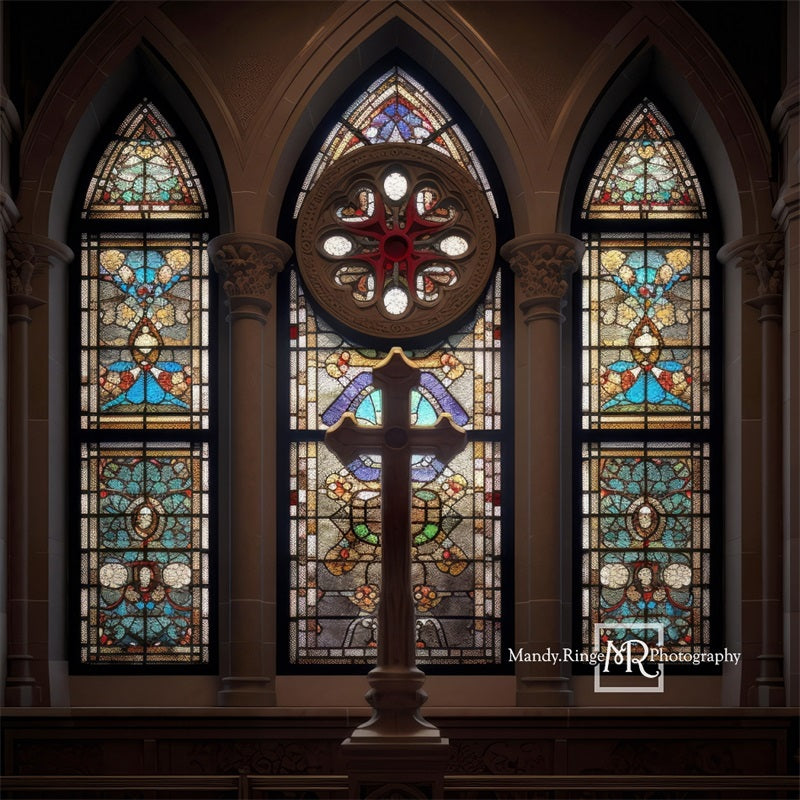 Kate Gothic Stained Glass Window with Cross Backdrop Designed by Mandy Ringe Photography