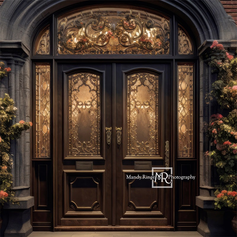 Kate Ornate Front Door with Flowers at Night Backdrop Designed by Mandy Ringe Photography