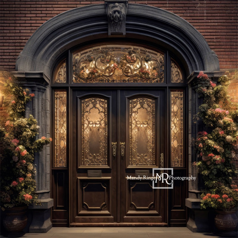 Kate Ornate Front Door with Flowers at Night Backdrop Designed by Mandy Ringe Photography