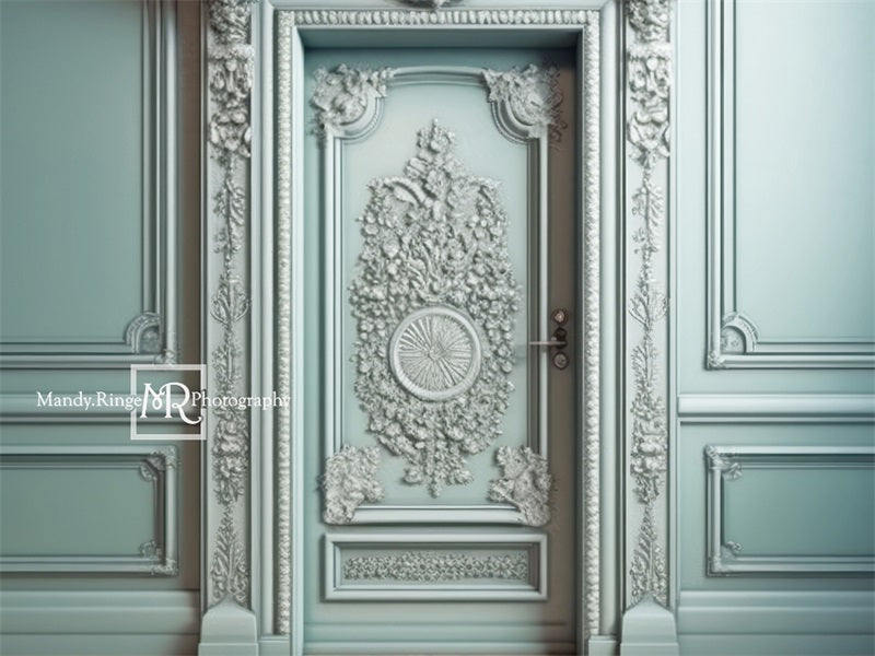 Kate Ornate Mint Victorian Walls with Door Backdrop Designed by Mandy Ringe Photography