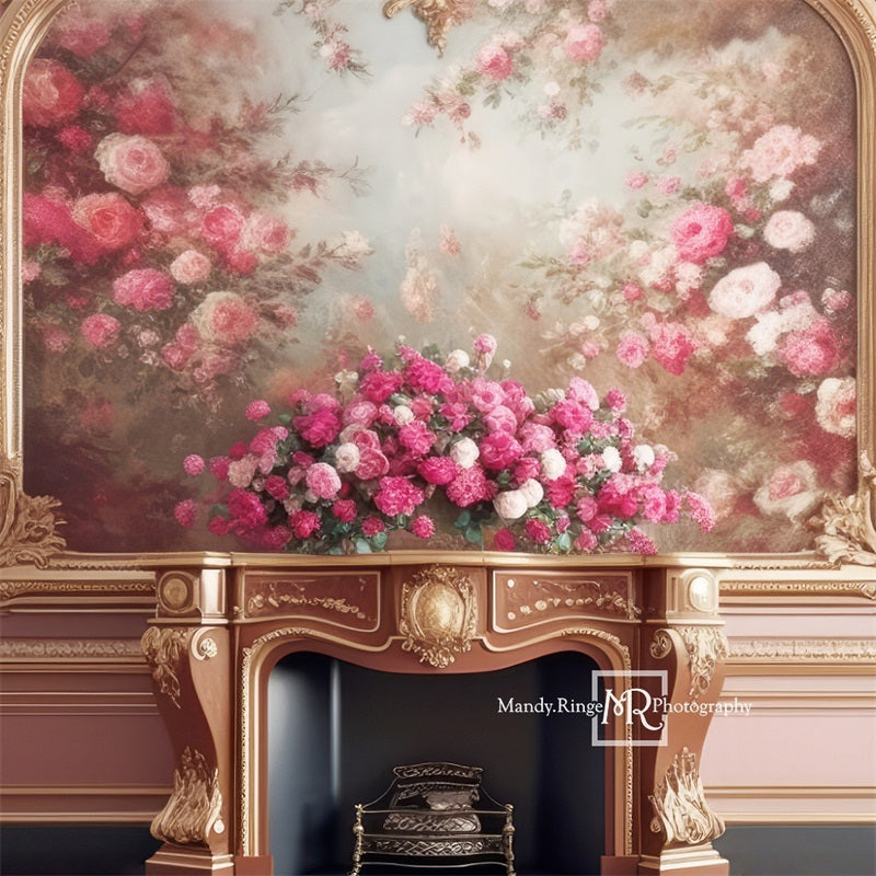 Kate Pink and Gold Floral Victorian Fireplace Backdrop Designed by Mandy Ringe Photography