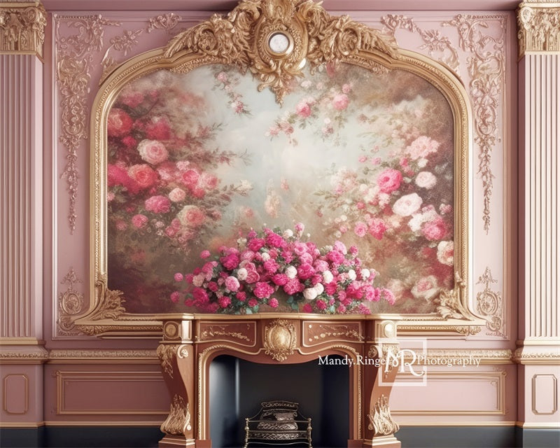 Kate Pink and Gold Floral Victorian Fireplace Backdrop Designed by Mandy Ringe Photography