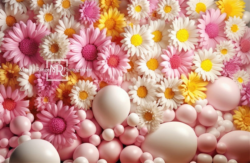 RTS Kate Pink Yellow White Balloon Wall with Daisies Backdrop Designed by Mandy Ringe Photography