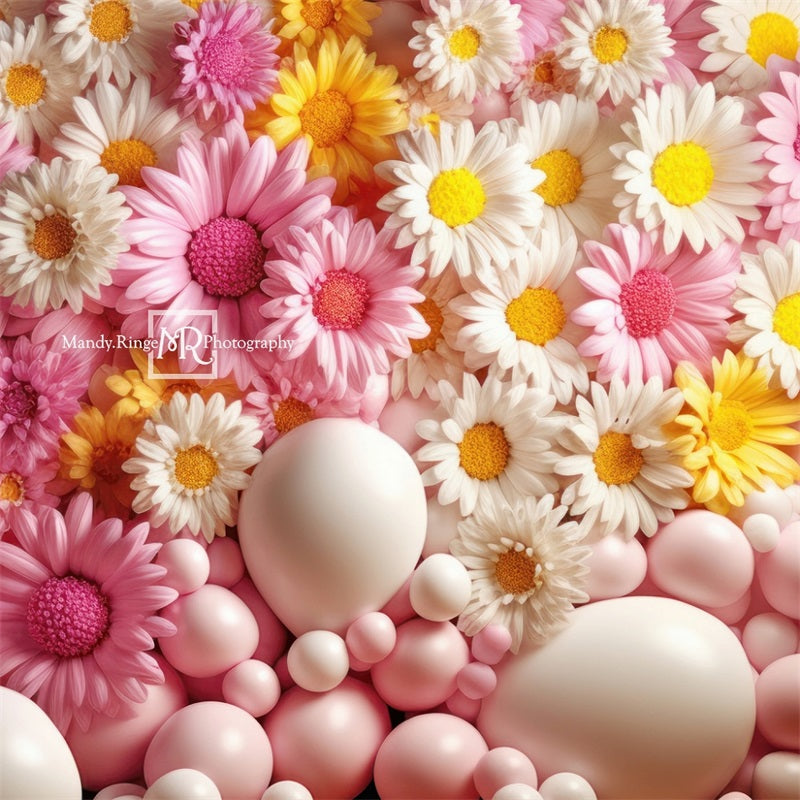 Kate Pink Yellow White Balloon Wall with Daisies Backdrop Designed by Mandy Ringe Photography