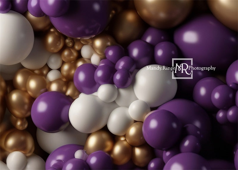 Kate Purple Gold White Balloon Wall Backdrop Designed by Mandy Ringe Photography