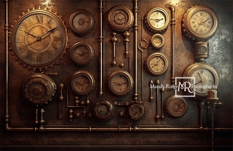 Kate Steampunk Clocks and Pipes Backdrop Designed by Mandy Ringe Photography