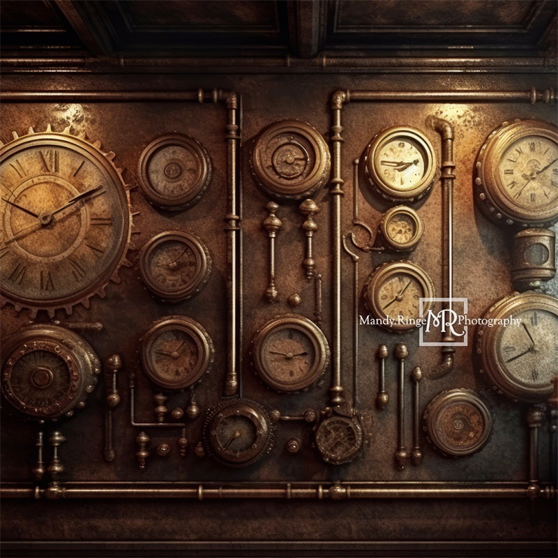 Kate Steampunk Clocks and Pipes Backdrop Designed by Mandy Ringe Photography