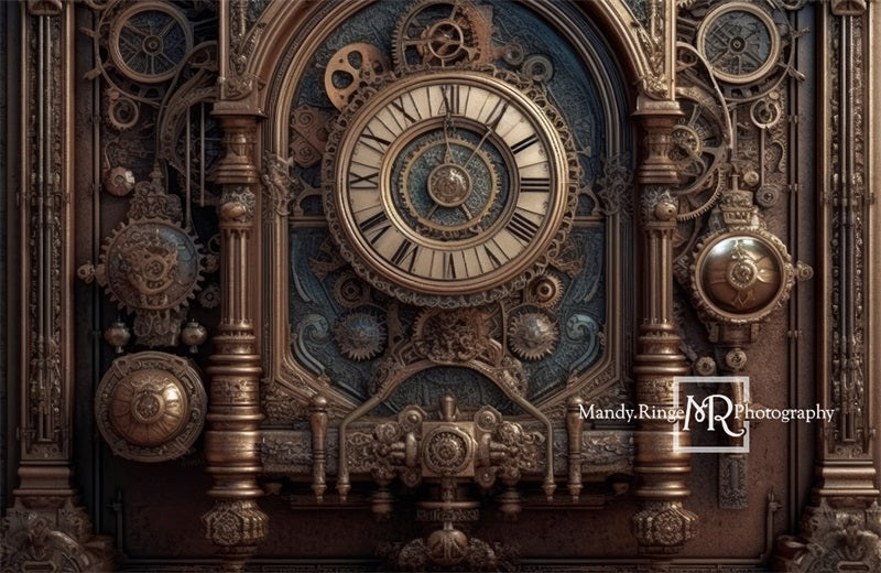 Kate Steampunk Wall with Gears and Clock Backdrop Designed by Mandy Ringe Photography