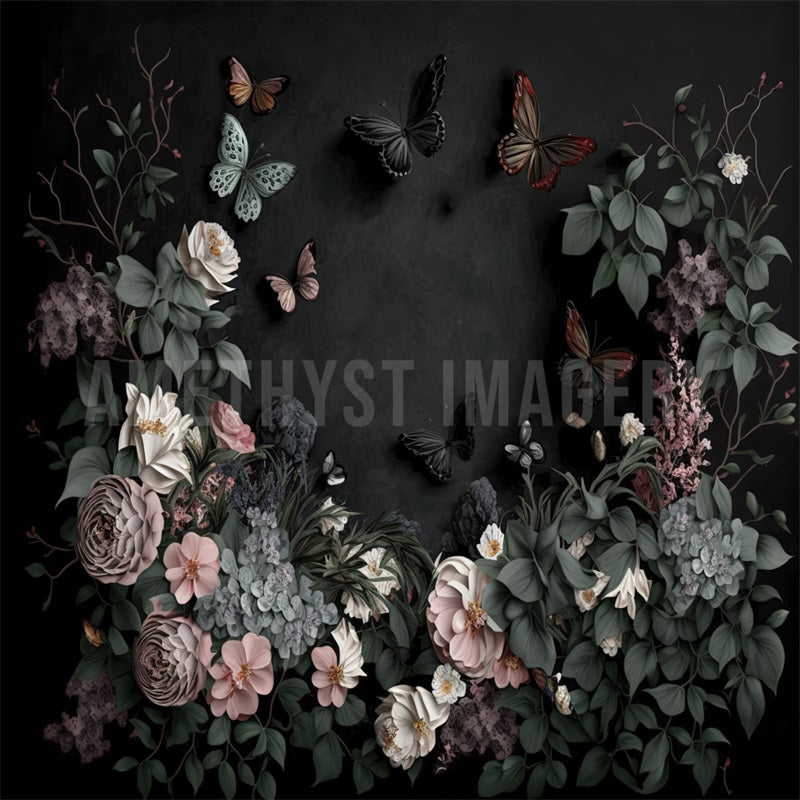 Kate Butterfly Floral Black Wall Backdrop Designed by Angela Miller