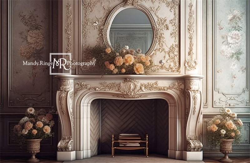 Kate Victorian Fireplace with Flowers Boudoir Backdrop Designed by Mandy Ringe Photography