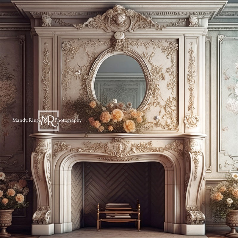 Kate Victorian Fireplace with Flowers Boudoir Backdrop Designed by Mandy Ringe Photography