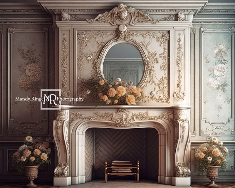 Kate Victorian Fireplace with Flowers Boudoir Backdrop Designed by Mandy Ringe Photography
