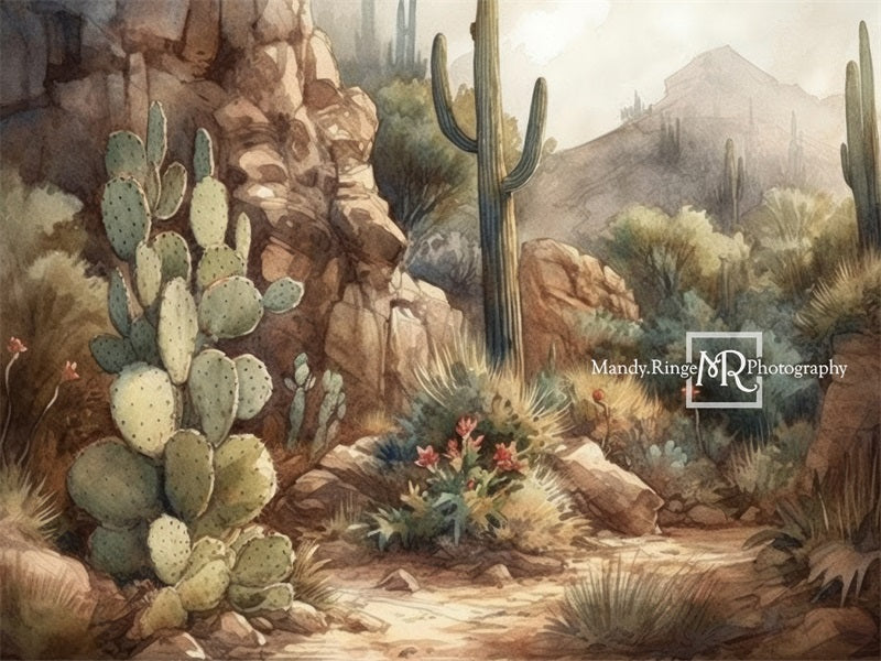 Kate Watercolor Desert Cactus and Mountains Backdrop Designed by Mandy Ringe Photography