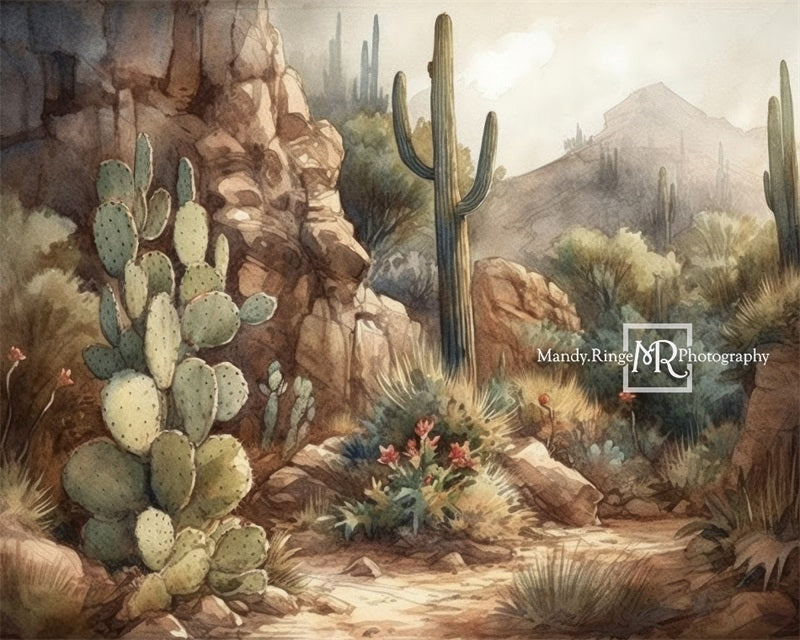 Kate Watercolor Desert Cactus and Mountains Backdrop Designed by Mandy Ringe Photography